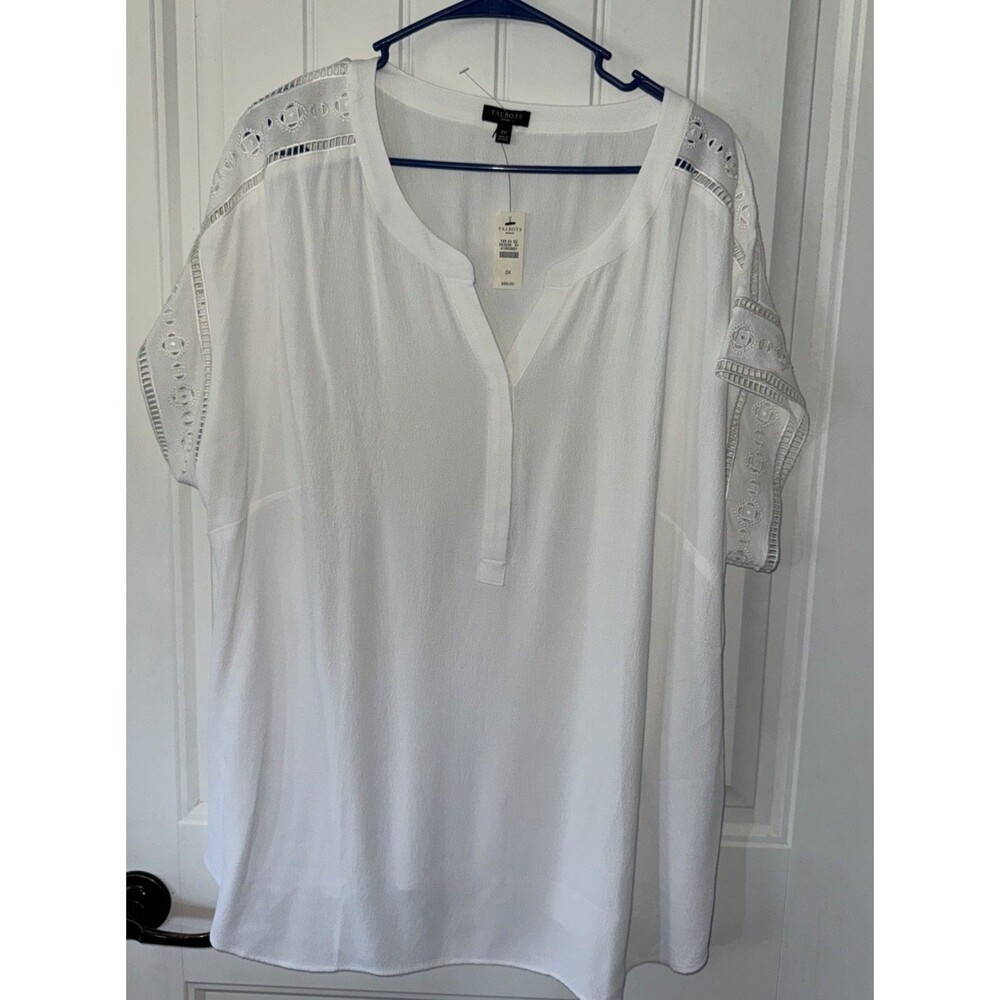 NWT Talbots Womens White Lace Trim Shirt Plus 2X Short Sleeve Blouse Shirt $99